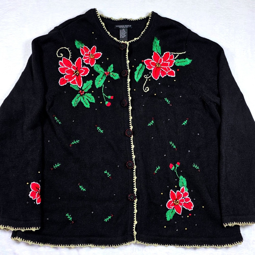 Vintage Reference Point Christmas Poinsettia Beaded Embroidered Cardigan Sweater